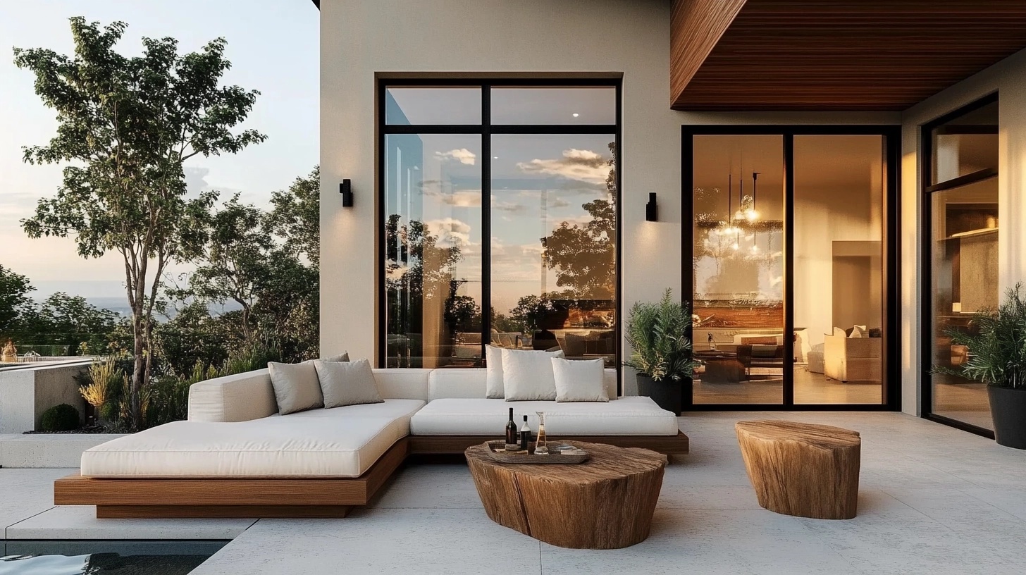 Patio area connected to the interior through large sliding glass doors, modern country home.