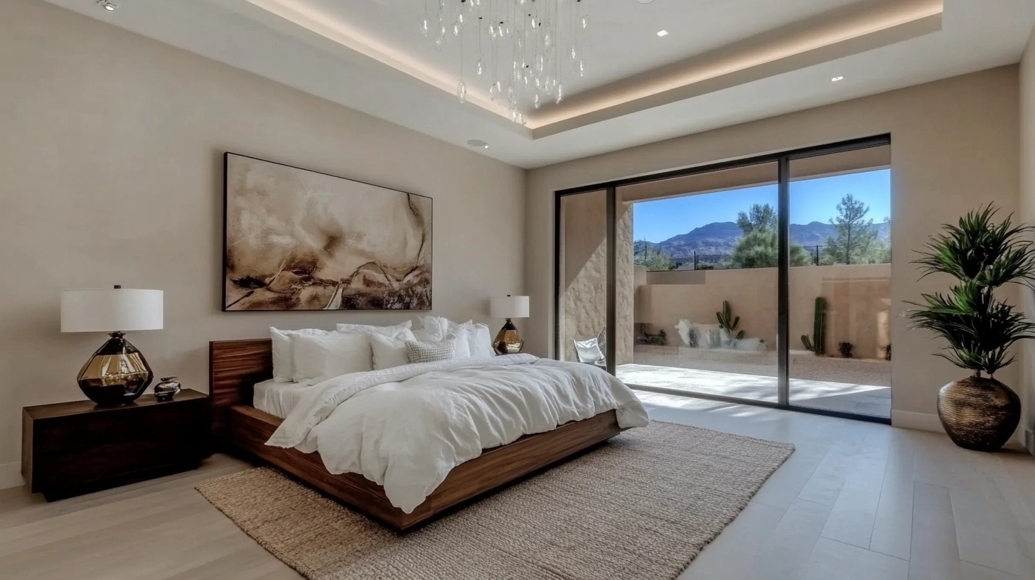 Modern western living room with a cream-colored sofa and light wood flooring.