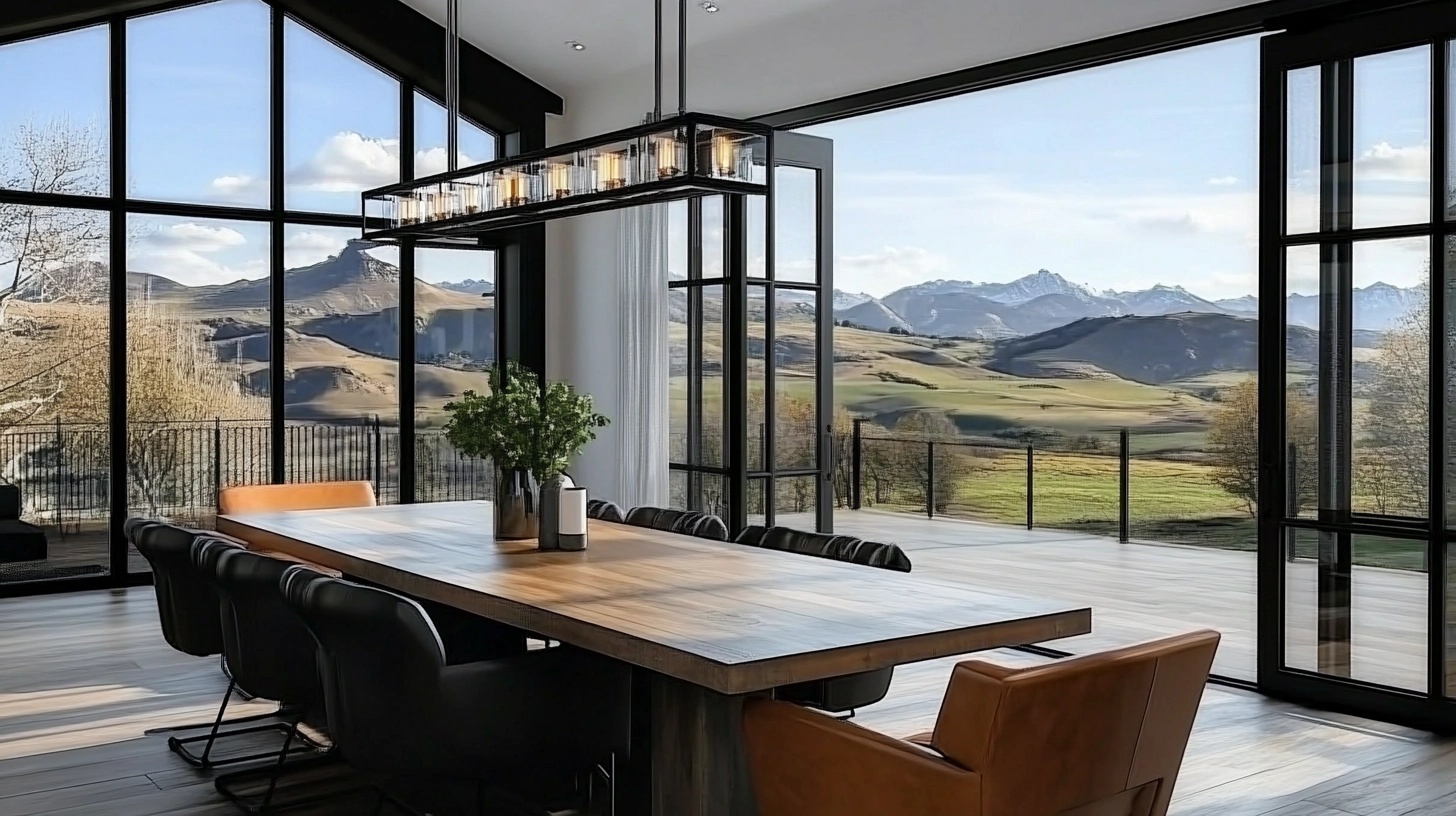 Modern western dining room with a long wooden table, leather chairs, and a simple chandelier.