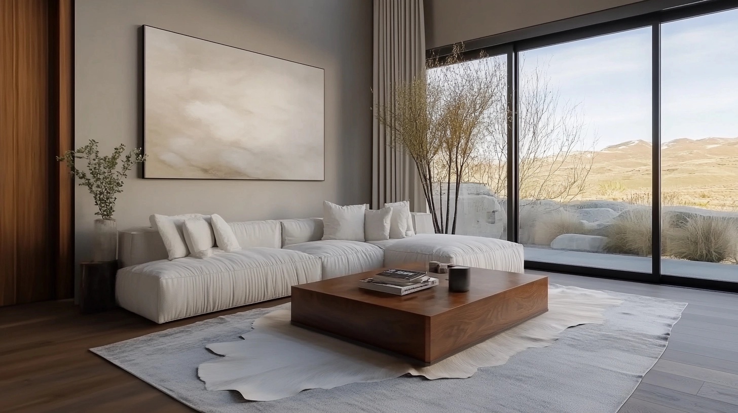 Reclaimed wood coffee table in a modern western living room.