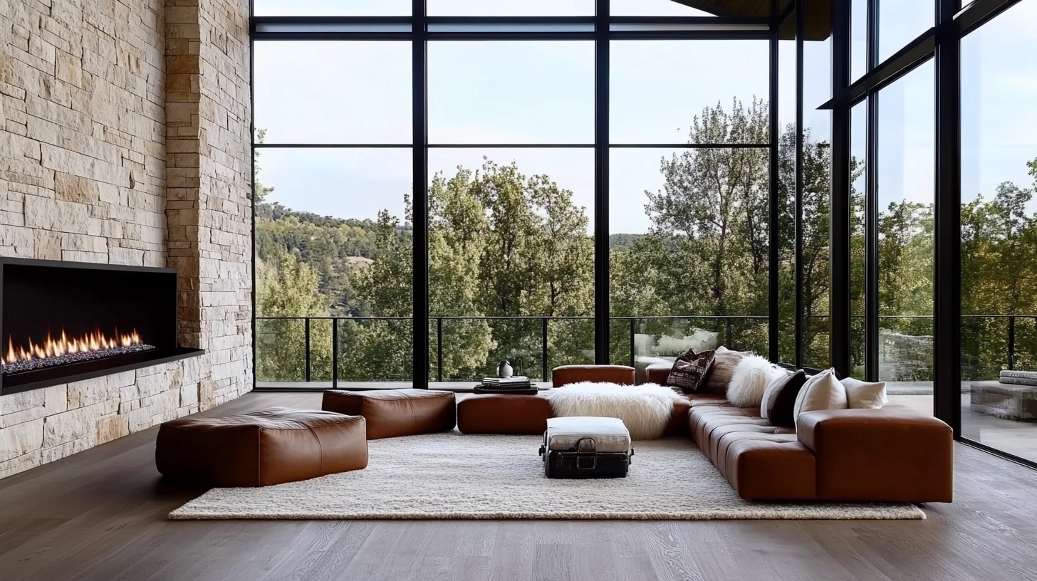 Spacious modern western living room with large windows and a stone fireplace.